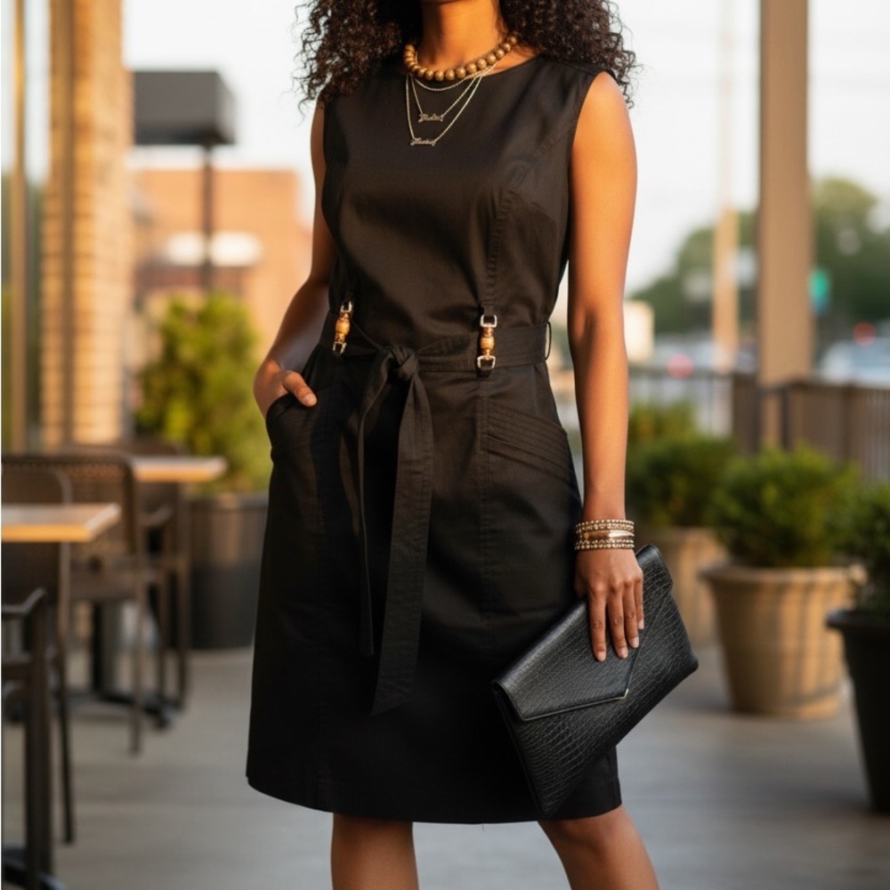 Sleek Black Sleeveless Tie-Waist Dress☑️ - Picture 5 of 8